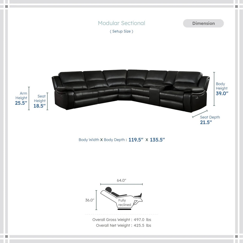 Latitude Run Jeanna 135.5" Modern & Contemporary 6-Piece Modular Power Reclining Sectional Sofa - USB Charging - Dimensions