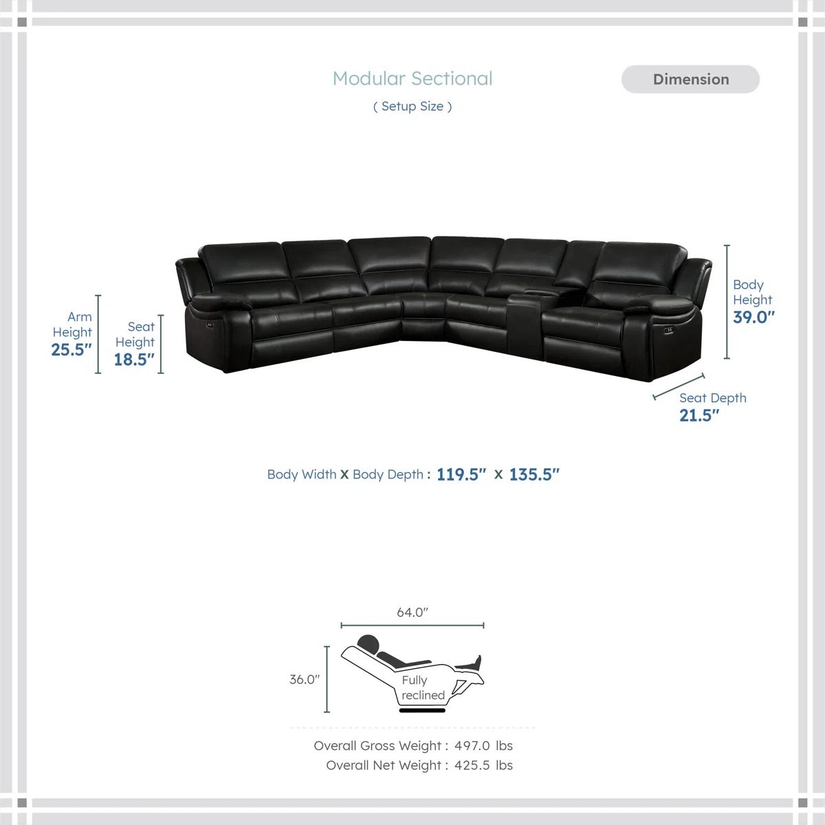 Latitude Run Jeanna 135.5" Modern & Contemporary 6-Piece Modular Power Reclining Sectional Sofa - USB Charging - Dimensions